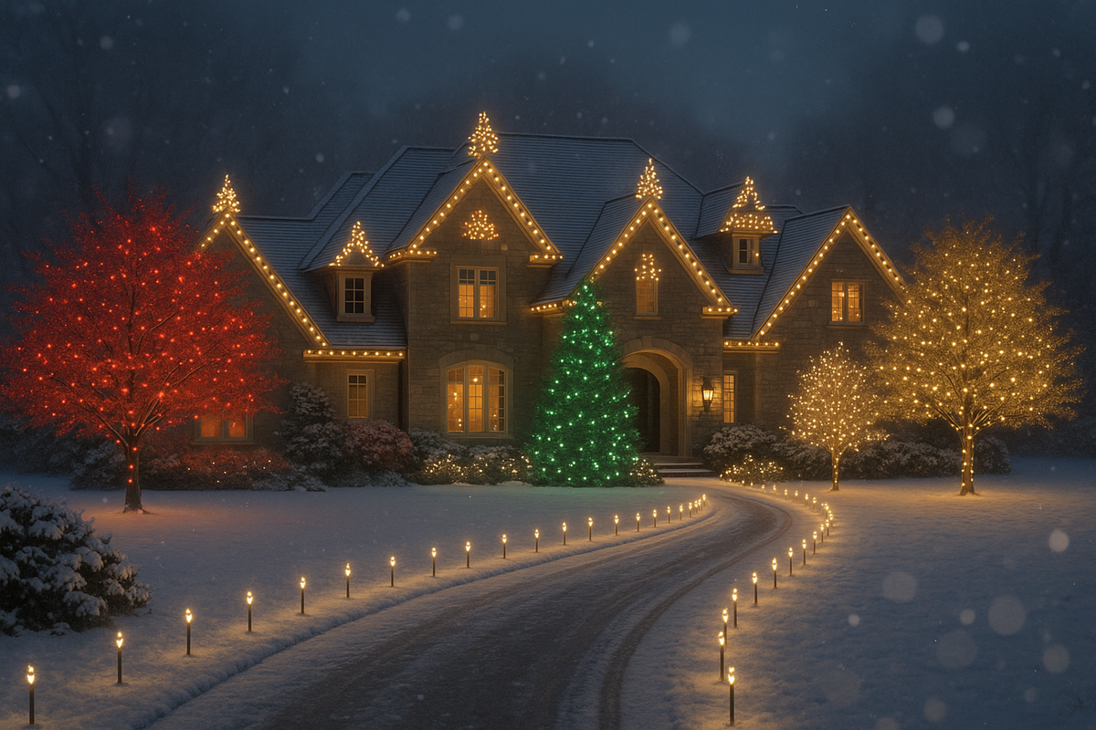 Colourful lighting and trees for a grand estate